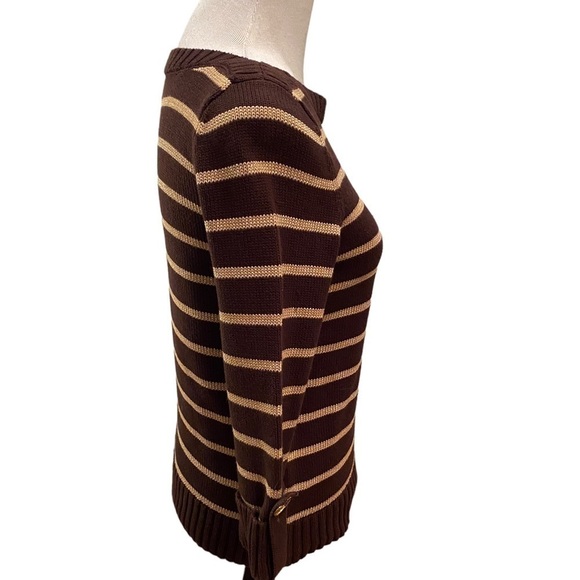 Jones New York Women's Sweater Roll Up Button Boat Brown Stripe Size Small. NWT - Picture 4 of 14